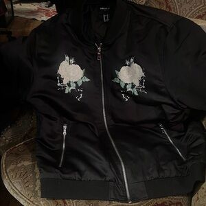 SUNDAY SPECIAL Forever 21 Black Bomber Jacket with White Floral Design